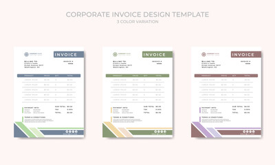 Corporate clean invoice template vector design with 3 color theme variation.