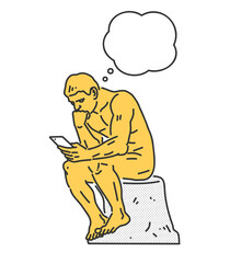 考える人がスマホを見ながら何かを考えているイメージイラスト素材