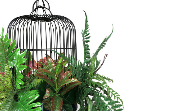 colorful flower and green paln leaves  in cage hanging decoration