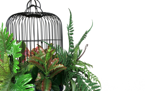 colorful flower and green paln leaves  in cage hanging decoration