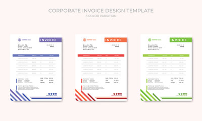 Corporate clean invoice template vector design with 3 color theme variation.