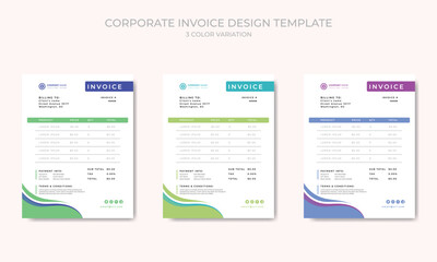 Corporate clean invoice template vector design with 3 color theme variation.