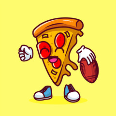 Vector illustration of kawaii pizza cartoon character with american football ball. Vector eps 10