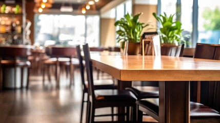 Fototapeta na wymiar Empty wooden table space platform and blurry defocused restaurant interior