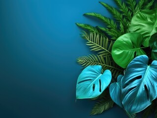 Fototapeta na wymiar Collection of tropical leaves, foliage plant in blue color with space background