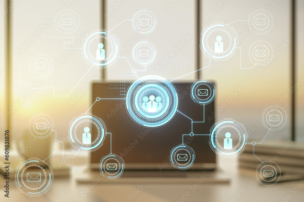 Poster Double exposure of social network icons concept with computer on background. Networking concept
