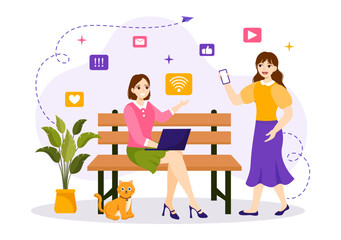 Internet Addiction Vector Illustration with Young People Addicted to Using Devices Such as Laptop or Smartphone in Flat Cartoon Hand Drawn Templates