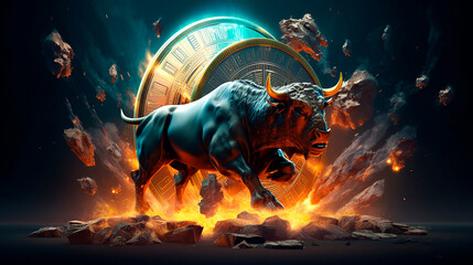 Obraz premium bull market, a green bull powerfully runs through a narrow street, high concentration as a strong will in the eyes of the bull, concept of business and stock market created with Generative Ai