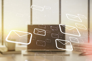 Creative abstract postal envelopes sketch on modern laptop background, e-mail and marketing concept. Double exposure