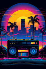 Retrowave Retro Radio Musikbox mit Palmen, City und Sonnenuntergang. Synthwave, Futuresynth, Outrun. Hochkant. Hochformat. Generative Ai.