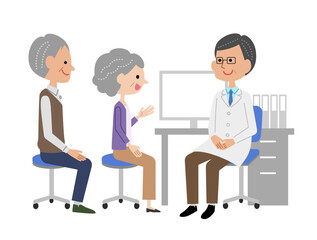 診察室で男性医師に説明するシニア夫婦