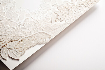 Close up of elegant wedding invitation envelope with embroidery. Generative AI illustration