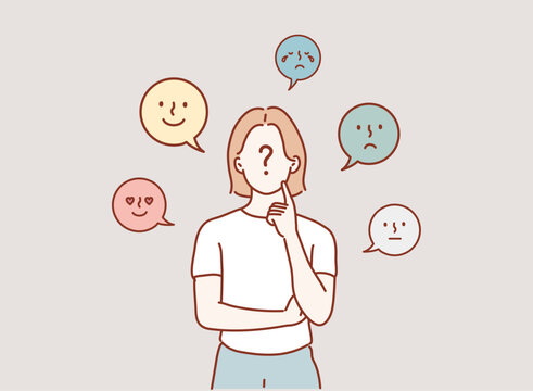 Young Woman expressing different state of mood. Hand drawn style vector design illustrations.