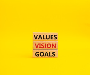 Values Vision Goals symbol. Concept words Values Vision Goals on wooden blocks. Beautiful yellow background. Business and Values Vision Goals concept. Copy space.
