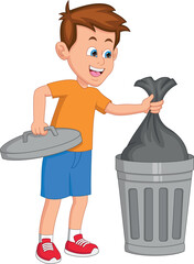 boy throws garbage in the garbage bin