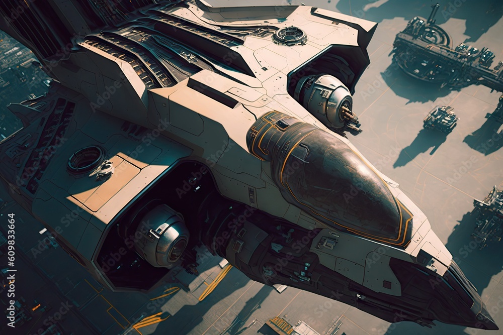 Poster cyber punk spaceship seen from above. glorious generative ai.
