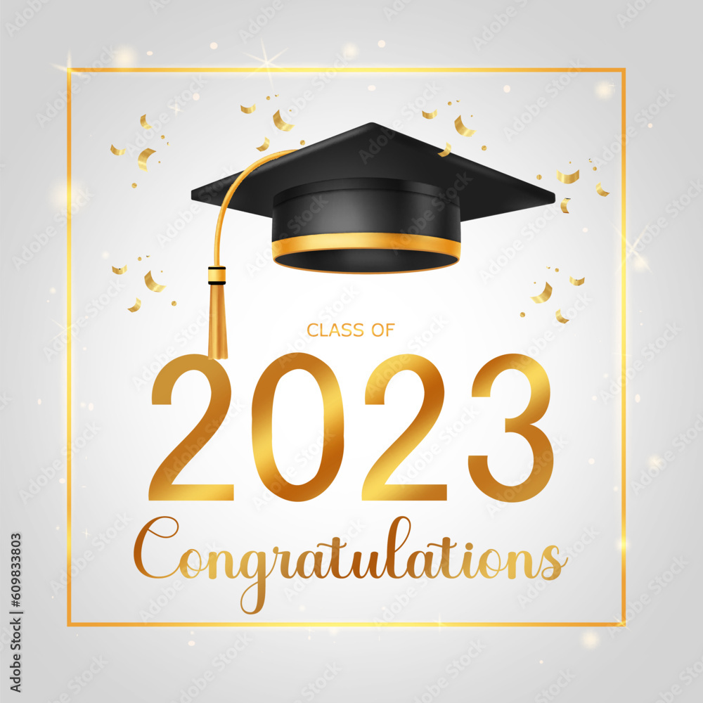 Poster congratulations greeting text vector design. graduation cap with border and confetti in gold frame b