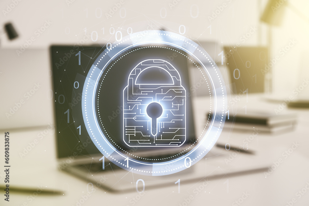 Poster creative idea concept with lock symbol and microcircuit illustration on modern laptop background. pr