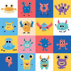 Big set of colorful Halloween monsters isolated on color background. Vector illustraiton.