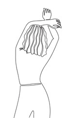 Line art, beautiful woman dancing. Back view beautiful young woman one line continuous outline vector illustration. 