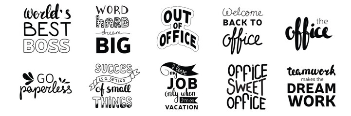 Big set of office phrases text in black color. Collection of business phrases and word about office. Hand drawn lettering and calligraphy. Vector illustration.