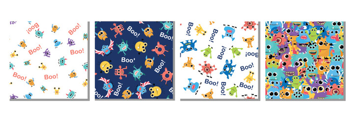 Set of seamless monsters pattern. Colorful, funny, cute collection for kids with monsters pattern background. Vector illustration.