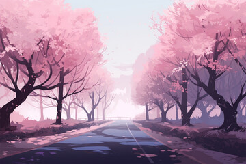 anime style roadside cherry tree background