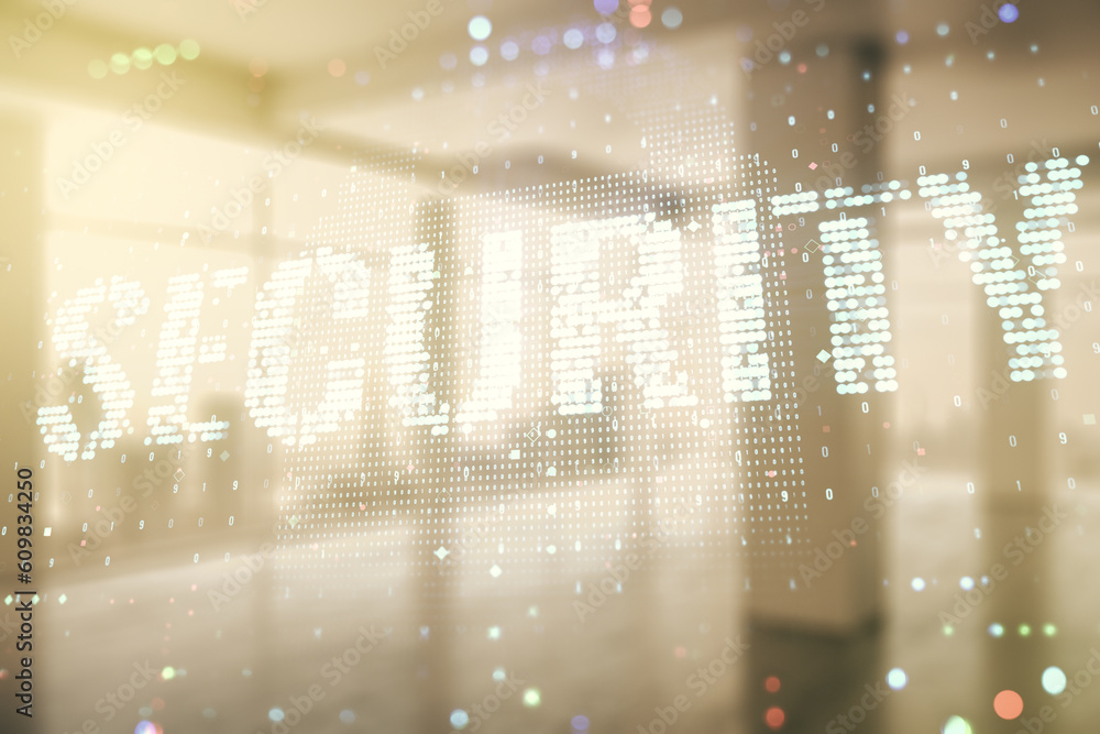 Poster virtual cyber security creative concept on abstract empty interior background. double exposure