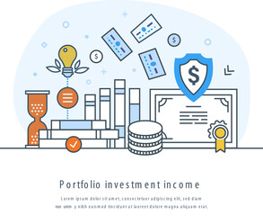 Portfolio investment income, profit from investments, dividends and capital gains. Collection of bonds, cash, deposit certificates and other financial instruments thin line design of vector doodles