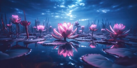 Beautiful lotus flower on the water with light AI Generative