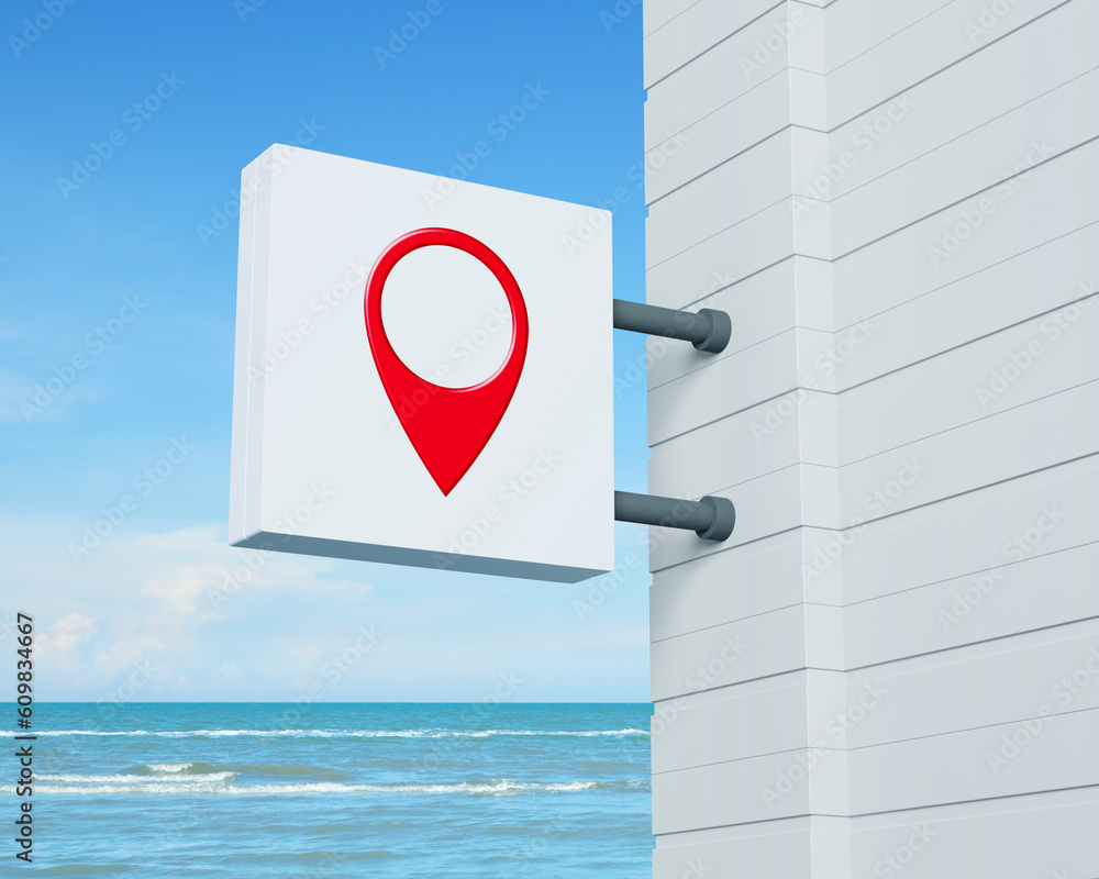 Poster map pin point location icon on hanging white square signboard over tropical sea and blue sky with wh