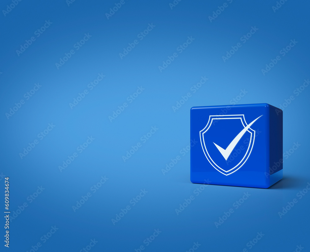 Poster 3d rendering, illustration of security shield with check mark icon on block cubes on blue background