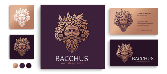 Logo Bacchus or Dionysus. Man face logo with grape berries and leaves. A style for winemakers or brewers. Sign for bar and restaurant. - obrazy, fototapety, plakaty