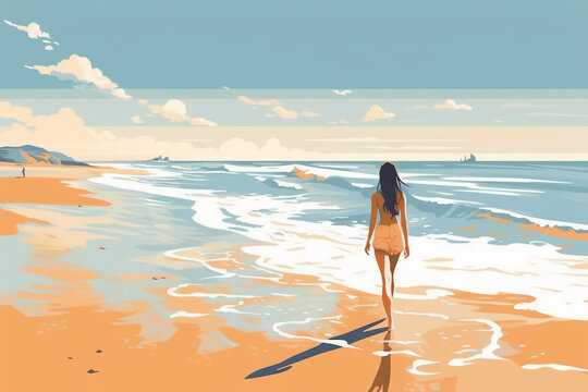 Girl on beach vector. AI generative