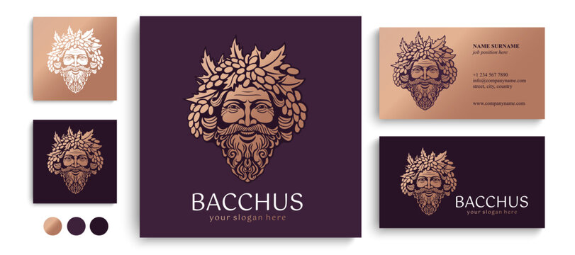 Logo Bacchus or Dionysus. Man face logo with grape berries and leaves. A style for winemakers or brewers. Sign for bar and restaurant.