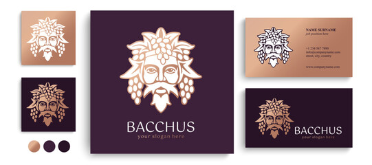 Fototapeta na wymiar Logo Bacchus or Dionysus. Man face logo with grape berries and leaves. A style for winemakers or brewers. Sign for bar and restaurant.