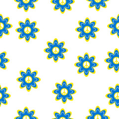 Seamless pattern with blue-yellow flower and peace sign