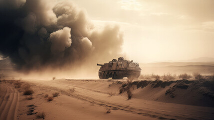 Fototapeta premium generic military armored vehicle crosses mine fields fire and smoke in the desert, wide poster design with copy space area