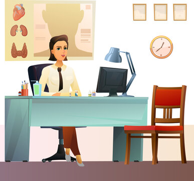 Girl doctor. Office with posters about health and certificates on wall. Medina reception office. Cheerful cartoon style. Vector