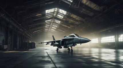 interior view of a generic military fighter jet parked inside a military barracks or hangar as wide banner with copyspace area for world war conflict and air force concepts