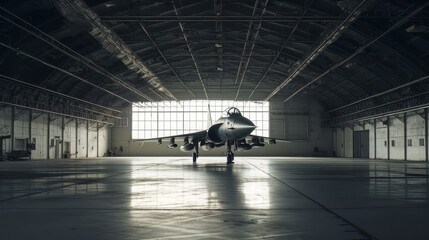 interior view of a generic military fighter jet parked inside a military barracks or hangar as wide banner with copyspace area for world war conflict and air force concepts