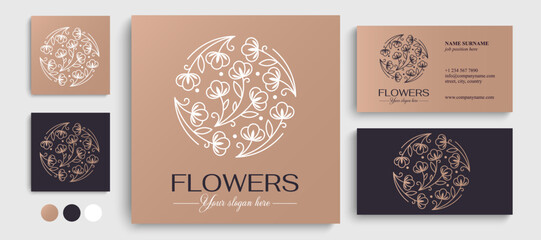 Flower logo. Cotton flower in a circle. Cotton flower. Logo in trendy linear style for clothing, hotel, cosmetics logo.