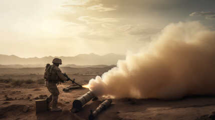 panoramic view of a soldier using generic military portable rocket launcher defense system shooting missiles during a special operation, wide poster design with copy space area