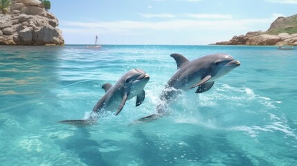 dolphin jumps out of the water, underwater world, clear water, AI generation