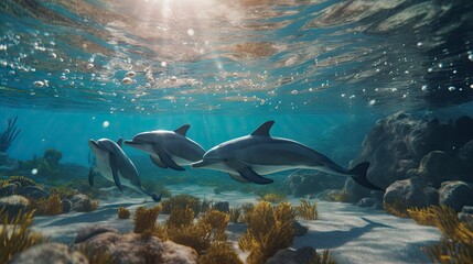 swimming dolphins, Underwater world, clear water, front view, AI generative