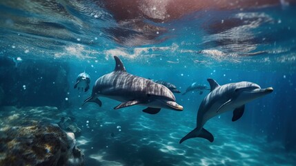 Obraz premium swimming dolphins, Underwater world, clear water, front view, AI generative