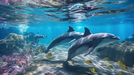 Plakat swimming dolphins, Underwater world, clear water, front view, AI generative