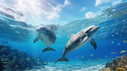 Obraz na płótnie Canvas swimming dolphins, Underwater world, clear water, front view, AI generative