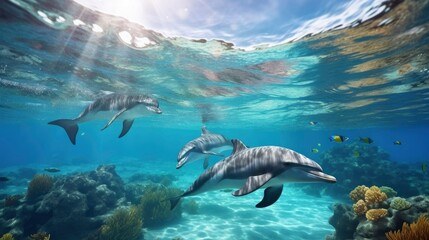 swimming dolphins, Underwater world, clear water, front view, AI generative