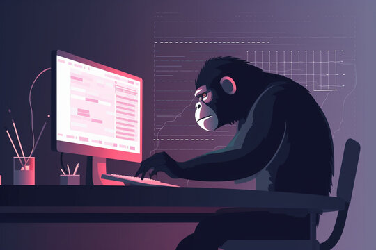 A ape sitting at a desk and using a computer to code | Generative Ai